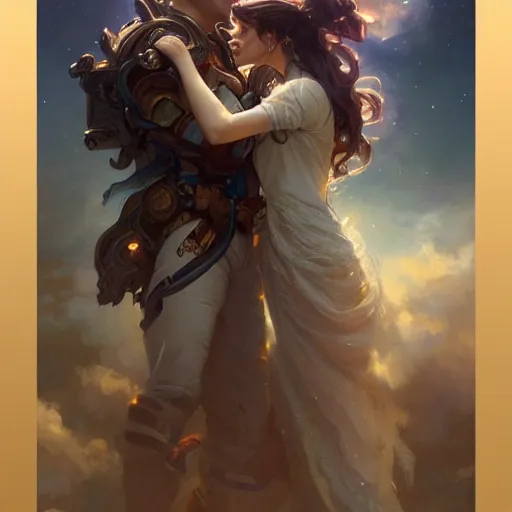 Image similar to a young couple hugging each other in space, D&D, fantasy, intricate, elegant, highly detailed, digital painting, artstation, concept art, matte, sharp focus, illustration, hearthstone, art by Artgerm and Greg Rutkowski and Alphonse Mucha