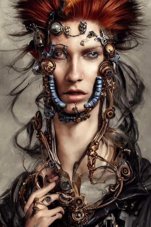 Image similar to portrait, headshot, insane avant-garde professional hair style, dramatic hair color, digital painting, of a old 17th century, old cyborg merchant, amber jewels, baroque, ornate clothing, scifi, realistic, hyperdetailed, chiaroscuro, concept art, art by Franz Hals and Jon Foster and Ayami Kojima and Amano and Karol Bak,