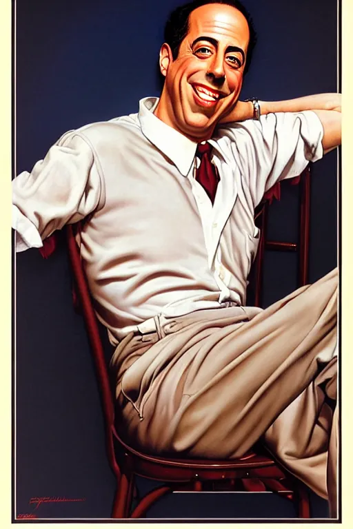 Image similar to portrait of jerry seinfeld by gil elvgren and norman rockwell and rob gonsalves and hajime sorayama, hyperrealistic, high detail, ultra detailed, highly detailed face