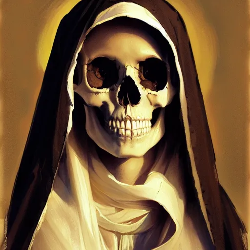 Prompt: painting of the virgin mary skull face by greg rutkowski and jc leyendecker