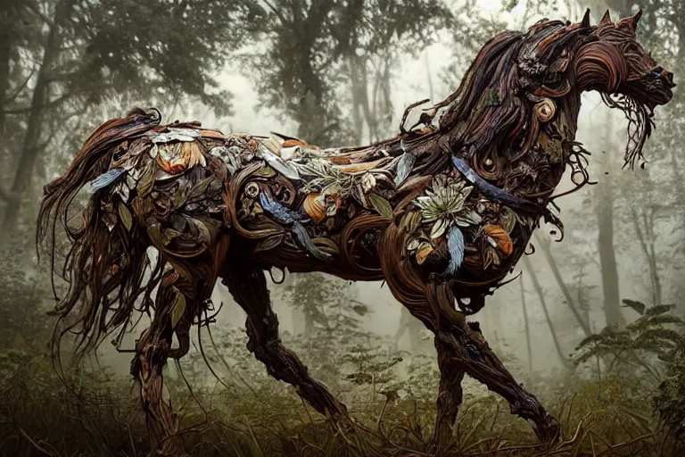 Image similar to a stunning horse made of gnarled wood and plants by sandra chevrier and greg rutkowski, high key lighting, volumetric light, digital art, highly detailed, fine detail, intricate, ornate, complex, octane render, unreal engine, photorealistic