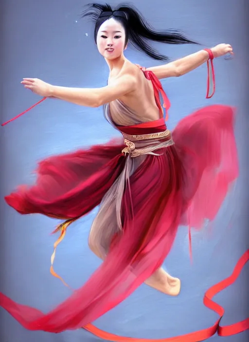 Prompt: full body portrait of a dancer throwing silk belts, feet, barefoot, full body, tanned, vivacious, athletic, hanfu, chinese ribbon dance, wide ribbons, silk belt, wuxia, martial arts, ming dynasty, detailed, realistic face, anatomically accurate, fantasy illustration, dnd, deviantart, artstation, wlop.