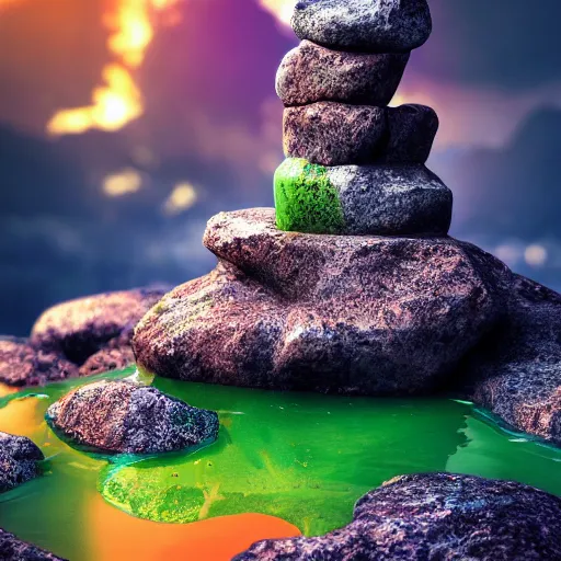 Prompt: a closeup photorealistic photograph of a rock tower with some leaves, fantastic four theme. icy colorful drink. bright scene. fine detail. this 4 k hd image is trending on artstation, featured on behance, well - rendered, extra crisp, features intricate detail, epic composition and the style of unreal engine.