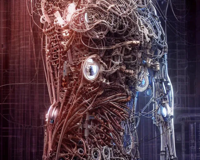 Prompt: photo of a biomechanical torso of a cyborg plugged into a quantum computer with cables and wires and optic fibers. cyberpunk horror style. art by luis royo. highly detailed 8 k. intricate. nikon d 8 5 0 5 5 mm. award winning photography.
