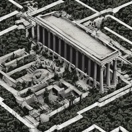 Prompt: Greek temple, Drone photography, in the graphic style of Matt Sanz, hyper detailed, trending on artstation, glow