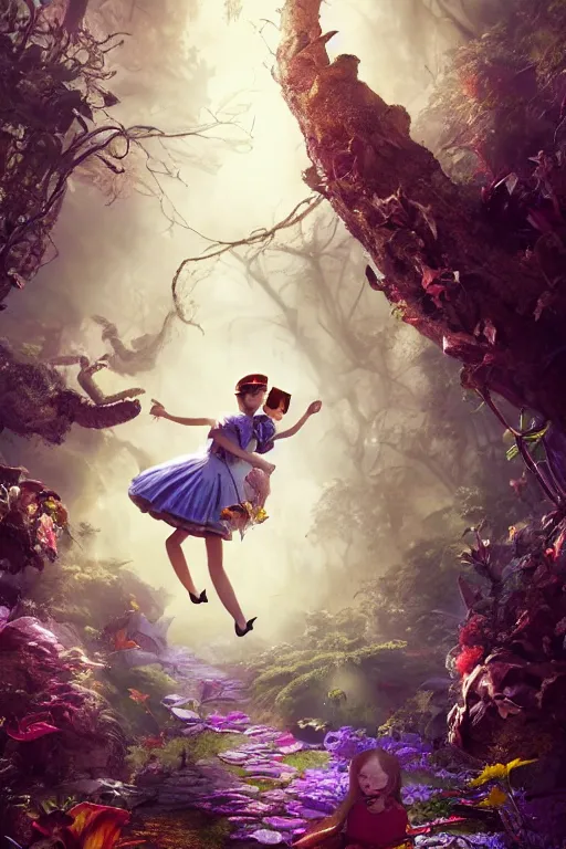 Image similar to Alice in wonderland on DMT, dramatic lighting, cinematic, establishing shot, extremely high detail, foto realistic, cinematic lighting, post processed, concept art, high details, cinematic, 8k resolution, beautiful detailed, photorealistic, digital painting, artstation, concept art, smooth, sharp focus, artstation trending, octane render, unreal engine