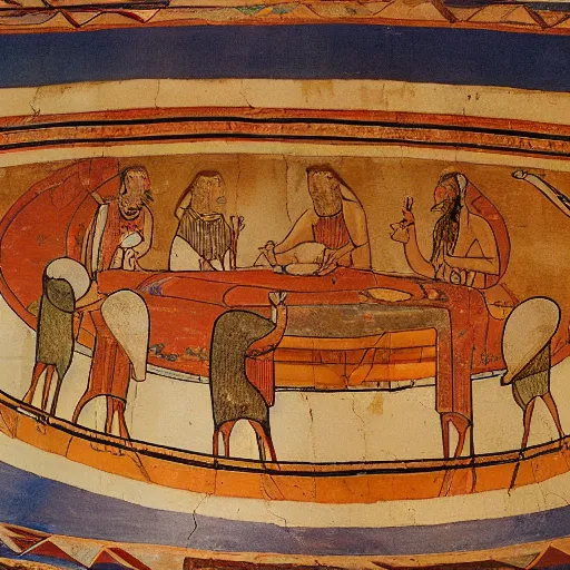 Image similar to sumerian mural of large room with round tables