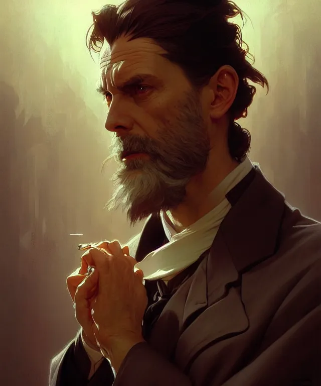 Prompt: a bad preacher, a suspicious priest, portrait, intricate, elegant, highly detailed, digital painting, artstation, concept art, smooth, sharp focus, illustration, art by artgerm and greg rutkowski and alphonse mucha