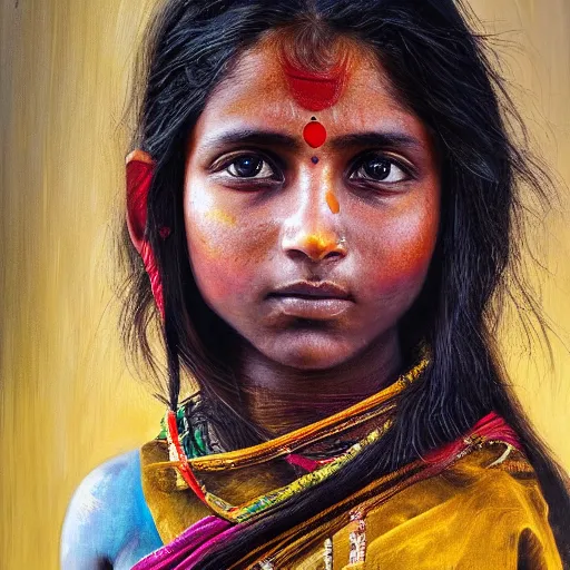 Image similar to stunning, breathtaking, awe - inspiring award - winning concept art portrait painting by steve mccurry of a beautiful young hindu woman warrior with short, wavy hair, wearing a colorful sari