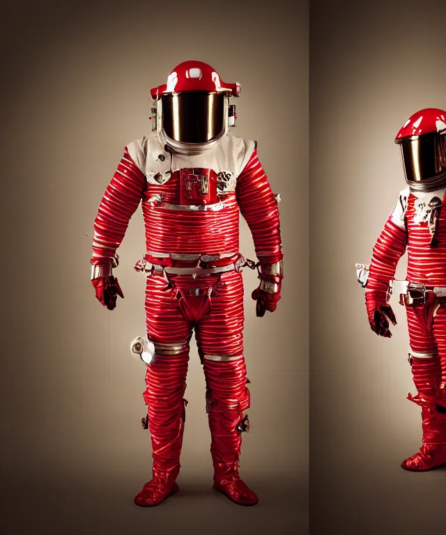 Image similar to photography of red and white space suits designed for knights templar, tubings, helmet with intricate design, golden linings, photo shoot, by annie leibovitz, sigma 85mm 1.4, glows, sharp, high contrast, octane render