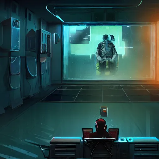 Image similar to a man sitting on a chair with things attached to his head, screens and monitors in front of him playing videos, ship interior, narrow hallway, scifi colors, dramatic lighting, dark, spotlight, surreal, by magali villeneuve