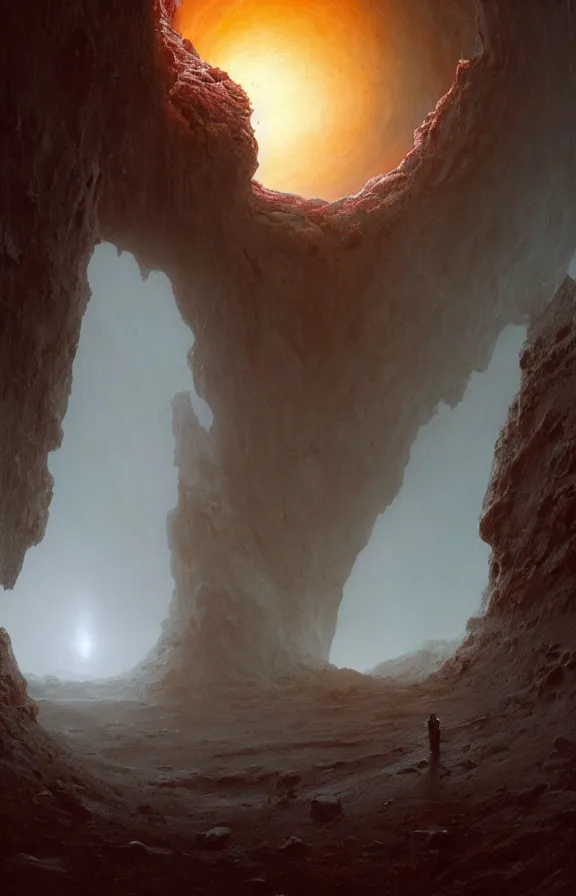 Prompt: ancient singular portal into godhood flickers omniously on a barren hellish exoplanet, philosophical concept illustrated by James Gurney and Zdislaw Beksinski and Dariusz Zawadski and Greg Rutkowski and Jeffrey Smith, dramatic lighting, ultra HD, HDR, 8k