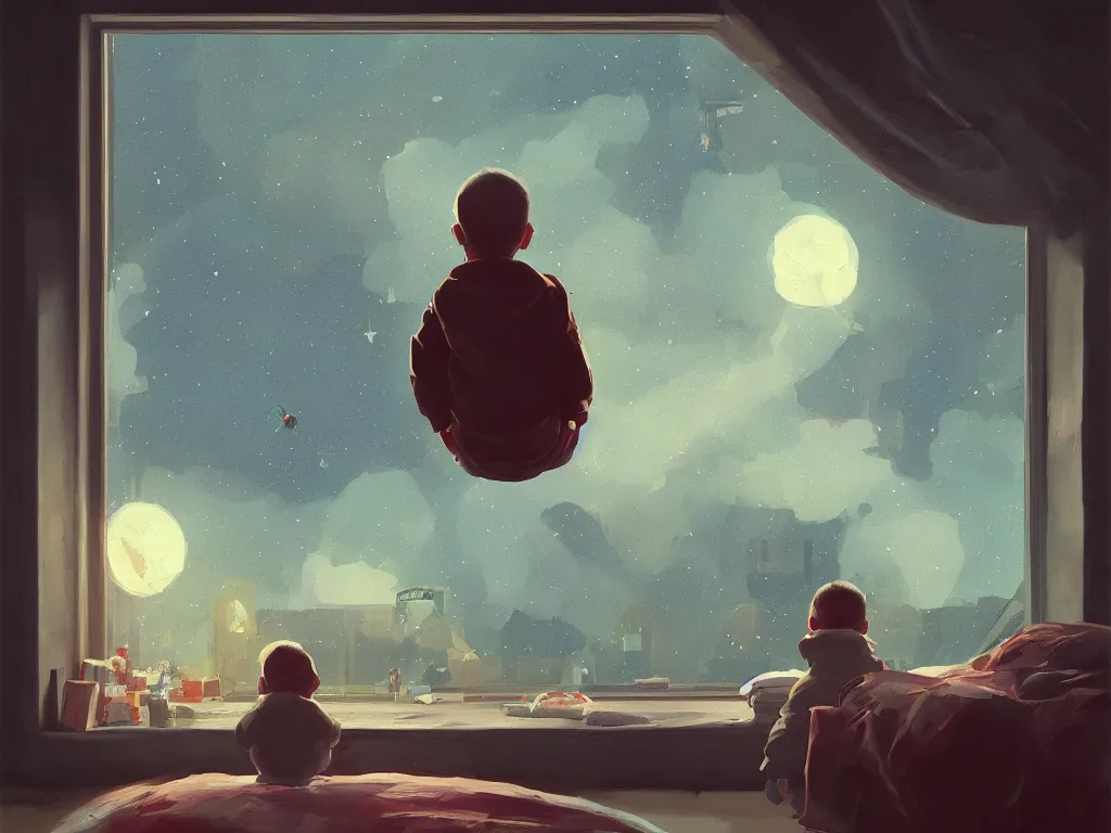 Image similar to a contemporary painting of a little boy sits in his bed and looks through the window into the night sky in a painting from stalenhag 4 k 8 k hdr artstation concept art