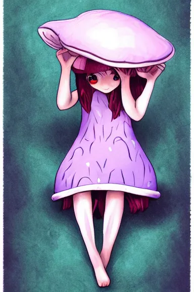 Image similar to a little girl wearing a mushroom hat in dress sitting | | purple curvy hair, pretty face, fine details, digial art by lois van baarle and sakimichan, anatomically correct, perfect composition, symmetrical, fantastic, clean details, anime character, extremely detailed