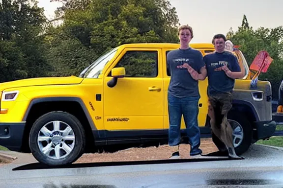 Prompt: a photo taken from a distance of mark zuckerberg laying on the hood of a yellow jeep in the street of a suburban neighborhood