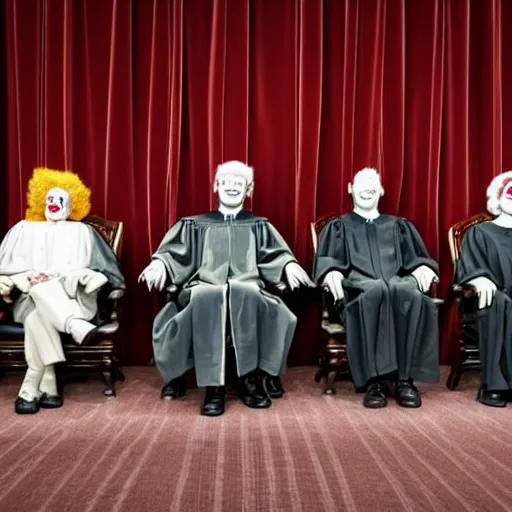 Image similar to 6 Clowns sitting with 3 Justices on the Supreme Court, photorealistic