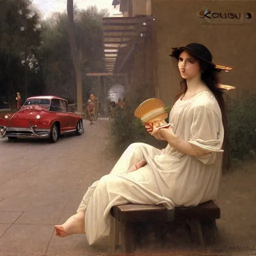 Prompt: an oil painting of an angel driving a car in a McDonald's drive through, by Bouguereau, highly realistic and intricate