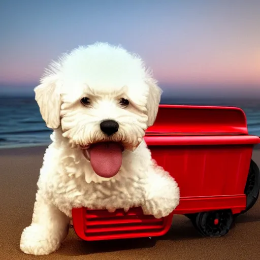 Image similar to a photorealistic photograph of a smiling white Bichon Frisé puppy pulling a little red wagon that is overflowing with french fries during sunset at the beach Trending on Artstation, featured on Behance, well-rendered, Unreal Engine, 4K HD