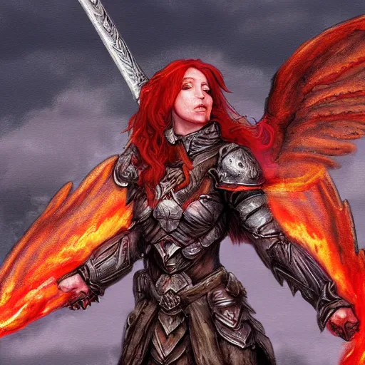 Image similar to red haired female paladin with wings and a flaming sword, ( gargoyle like ), fantasy painting, concept art