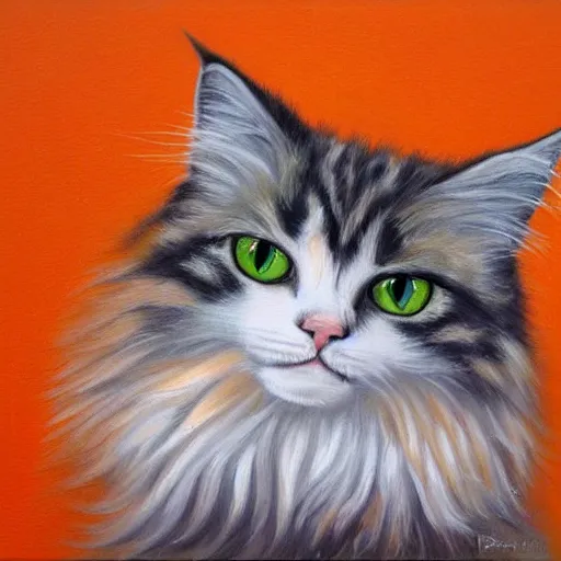 Image similar to oil painting of longhaired light orange and medium orange cat with green eyes, bushy tail, pointy ears, artistic, elegant,