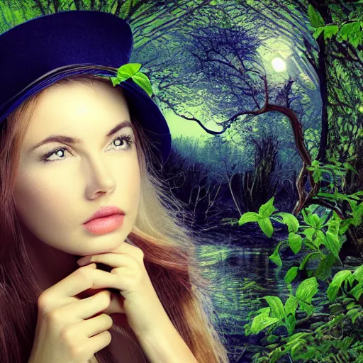 Prompt: beautiful woman with hat, apes and worms, mystic forest