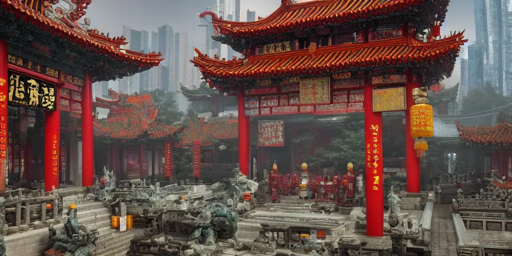 Image similar to a chinese temple with cyberpunk enhancements, detailed, atmospheric, 8 k