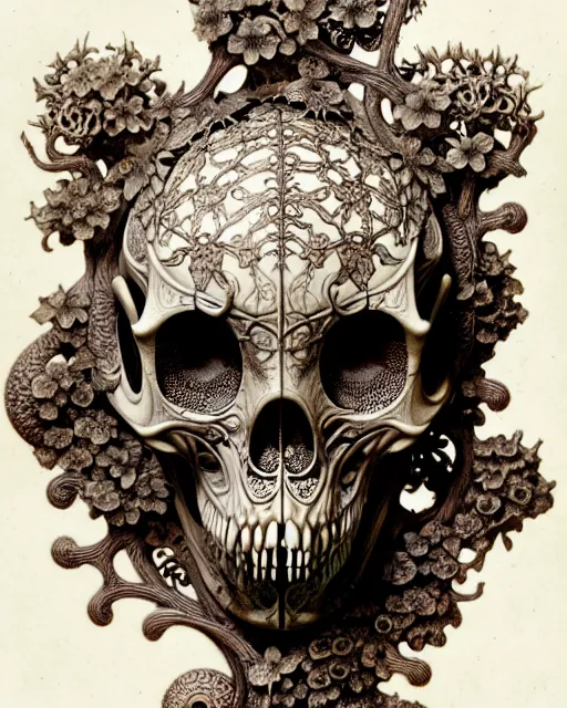 Image similar to art forms of nature by ernst haeckel, memento mori by arthur rackham, ornate antique porcelain beautiful skull mask, ultrasharp, photorealistic, hyperdetailed, octane render, polished, art nouveau, neo - gothic, gothic, intricate ornamental organic filigree, art nouveau botanicals, art forms of nature by ernst haeckel, horizontal symmetry, symbolist, visionary