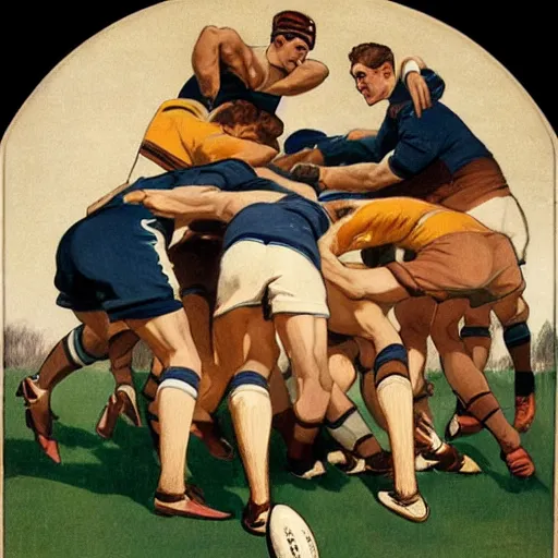 Prompt: 1920s full color illustraion by J.C. Leyendecker of handsome male rugby players in a scrum on the field, rugby ball on the ground in between the handsome rugby players