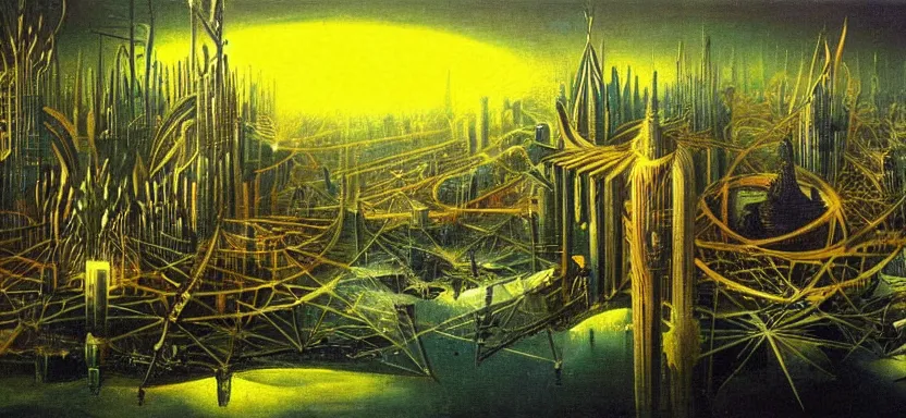 Prompt: beautiful masterpiece painting of a futuristic city under the sea, cyberpunk, by Remedios Varo 8k,