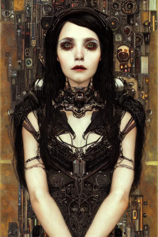 Image similar to portrait of beautiful young gothic maiden, cute face, cyberpunk, Warhammer, highly detailed, artstation, illustration, art by Gustav Klimt