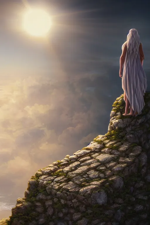 Prompt: a light filled goddess woman standing on a cliff overlooking the ocean, back view, emitting light beams, glowing, emitting light, straight on, by artgerm, tom bagshaw, gerald brom, 4 k, smooth, hd, substance designer render, full body character concept art, cel shading, toon shading, symmetrical,