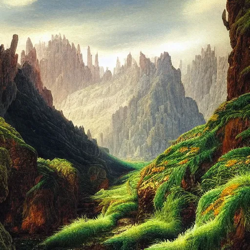 Prompt: a beautiful and highly detailed oil painting of a lost valley in the mountains, intricate details, epic scale, insanely complex, 8 k, sharp focus, hyper realism, fantasy landscape, psychedelic, by caspar friedrich,