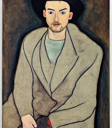 Image similar to portrait of justin timberlake by egon schiele, intense desire, high quality, high detail