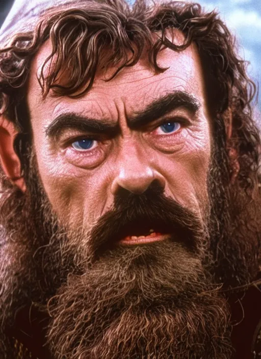 Image similar to film still of tom selleck as gimli in lord of the rings, 4 k