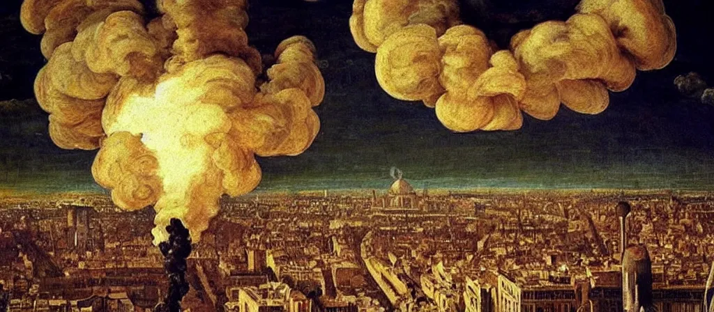 Image similar to nuclear mushroom cloud over the city of paris!!! renaissance painting!! majestic!! sad!