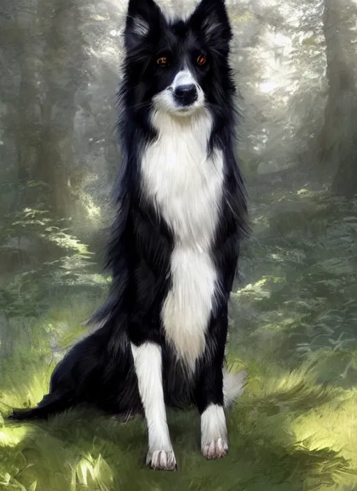 Prompt: beautiful portrait of a cute male anthropomorphic border collie fursona wearing a suit in a sunny glade. by charlie bowater, henry asencio, jon foster, and ross tran. scenic background, detailed, concept art, furry, detailed hands, glamor pose, aesthetic, trending on artstation, top rated on furaffinity and deviantart