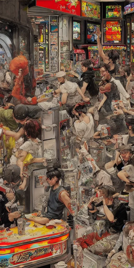 Image similar to oil painting scene from amusement arcade by kim jung gi