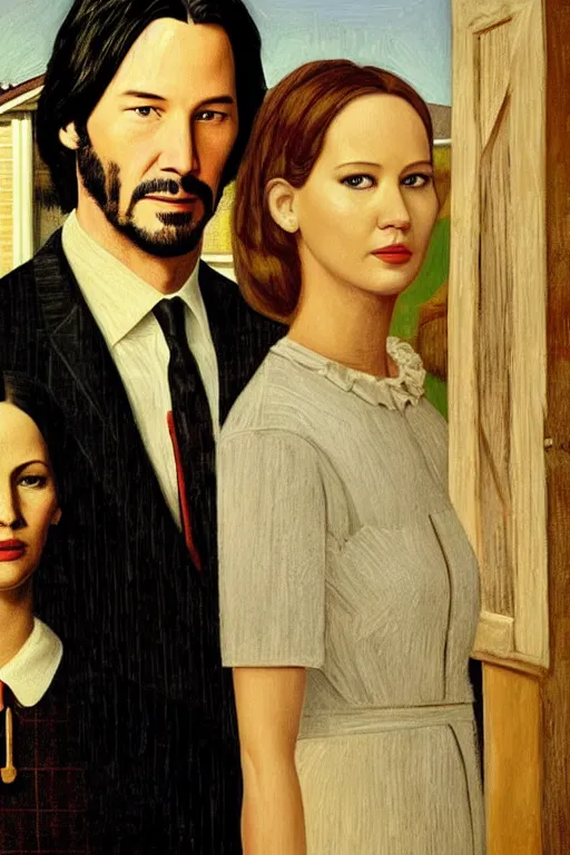 Image similar to painting of Keanu Reeves and Jennifer Lawrence as the couple in American Gothic in the style of Grant Wood