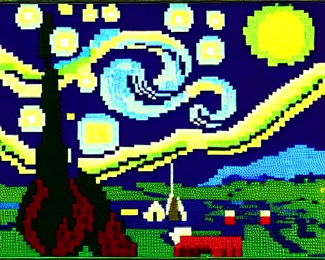 Prompt: Red green and black color scheme Starry Night by van Gogh, re imagined as 8 bit pixel art.