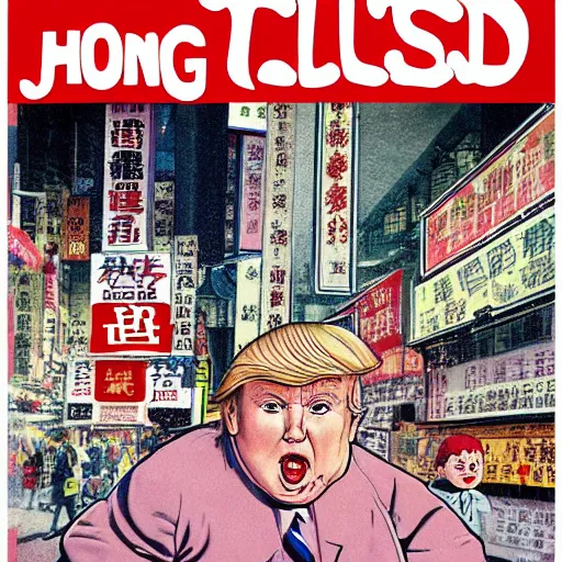 Image similar to glossy old advertising poster, chubby baby donald trump walking through crowded hong kong street, vendors, drawn comic by junji ito, pastels, gradient