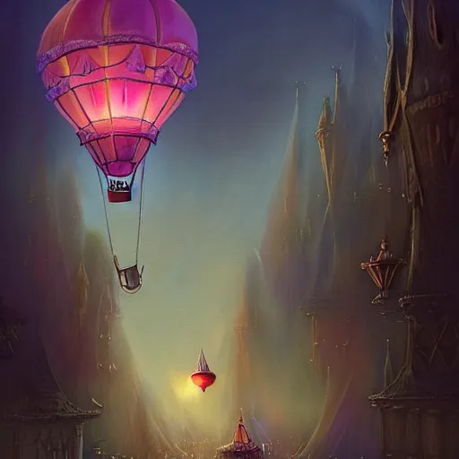 Image similar to a beautiful stunning fantasy whimsical matte digital illustration of a scene of a hot - air balloon powered by magic! over a lit city at night by marc simonetti, pastel color palette, disney magic the gathering steampunk!!!, chiaroscuro magical! bokeh moon stars dramatic romantic! epic breathtaking, trending on artstation hq, masterpiece