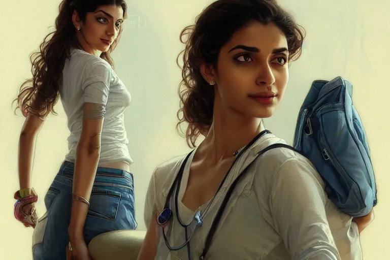 Prompt: Optimistic good looking pale young Indian doctors wearing jeans at the airport, portrait, elegant, intricate, digital painting, artstation, concept art, smooth, sharp focus, illustration, art by artgerm and greg rutkowski and alphonse mucha