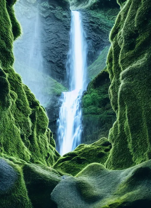 Image similar to a waterfall in the middle of a mountain range, a detailed matte painting by hallsteinn sigurðsson, shutterstock contest winner, naturalism, uhd image, creative commons attribution, photo taken with ektachrome