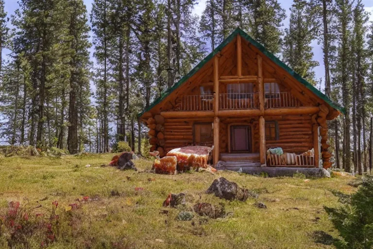 Prompt: a cabin with great views of meat mountain