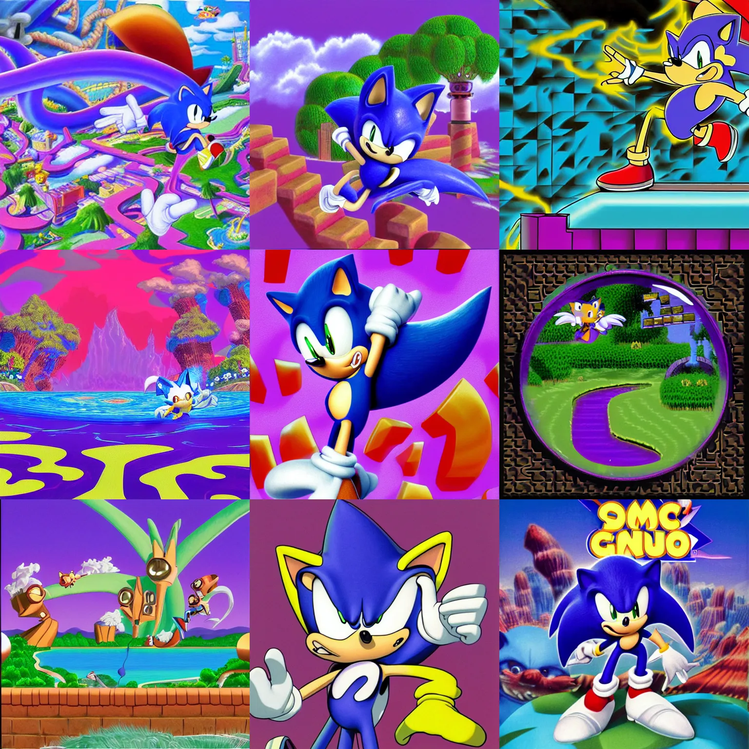 Prompt: animation smear of sonic hedgehog and a matte painting landscape of a surreal, sharp, detailed professional, soft pastels, high quality airbrush art album cover of a liquid dissolving airbrush art lsd dmt sonic the hedgehog swimming through cyberspace, purple checkerboard background, 1 9 9 0 s 1 9 9 2 sega genesis rareware video game album cover