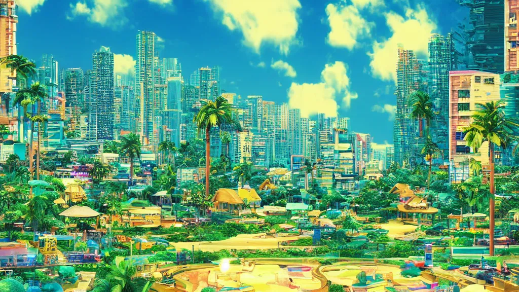 Image similar to golden village in a vaporwave jungle, 4k, ultra realistic, award winning photograph