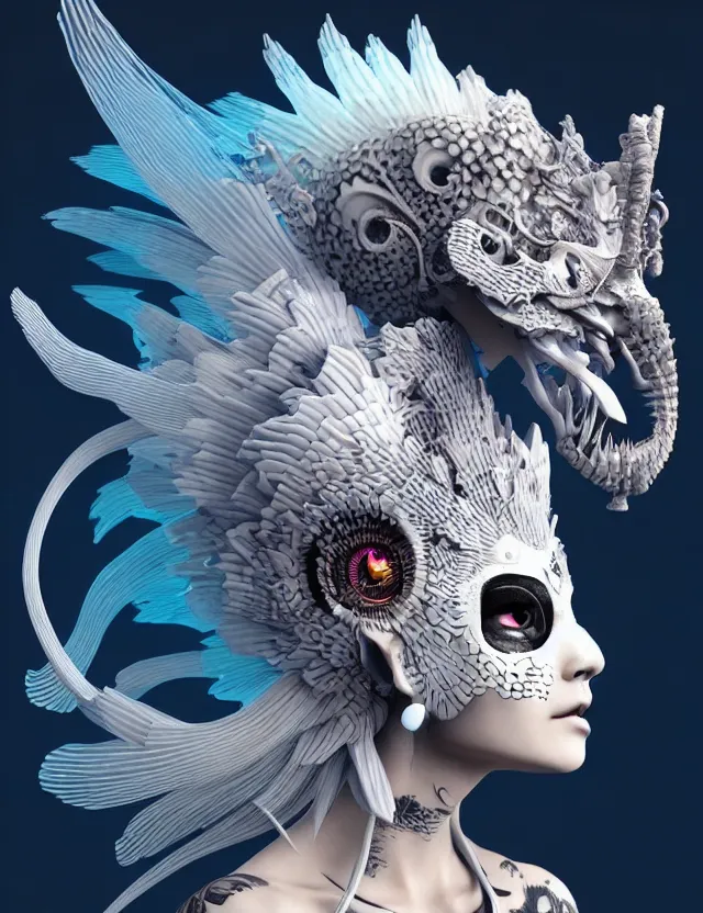 Image similar to 3 d goddess close - up profile simple portrait punk with mohawk with goat skull. beautiful intricately detailed japanese crow kitsune mask and clasical japanese kimono. betta fish, jellyfish phoenix, bio luminescent, plasma, ice, water, wind, creature, artwork by tooth wu and wlop and beeple and greg rutkowski