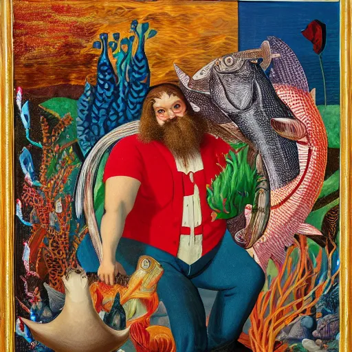 Image similar to precise by william henry hunt, by faith ringgold. a computer art of a mythological scene. large, bearded man seated on a throne, surrounded by sea creatures. he has a trident in one hand & a shield in the other. behind him is a large fish. in front of him are two smaller creatures.