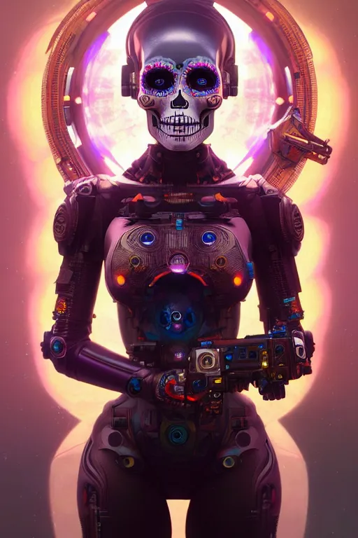 Prompt: ultra detailed, female android, scifi, fantasy, octane render, ( dia de los muertos, triadic color scheme, asymmetrical, intricate detailed, global illumination, concept art, art by michael welan and rossdraws and artgerm and greg rutkowski and alphonse mucha and loish and wlop. 8 k, hdr