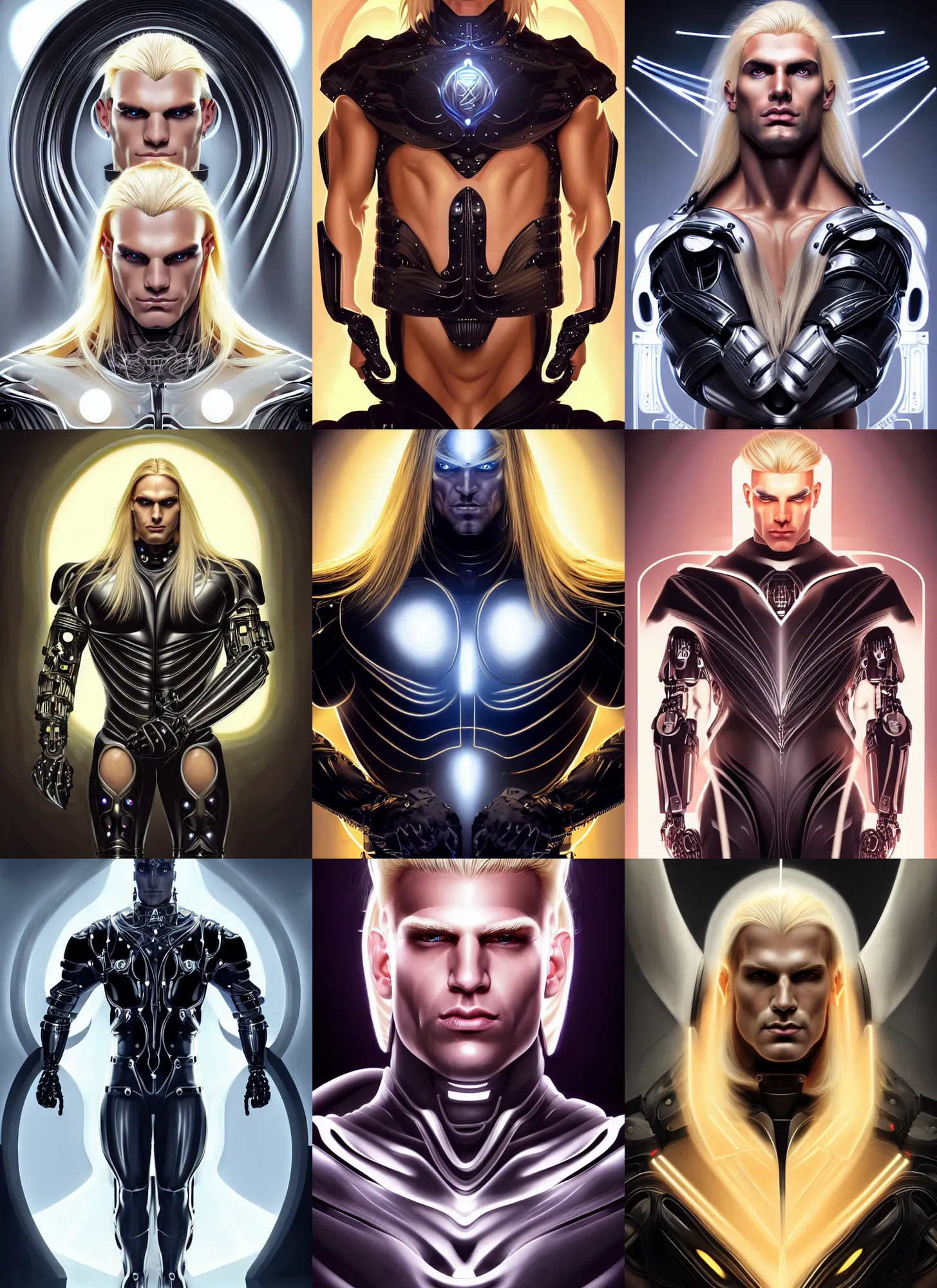 Prompt: symmetry portrait of an evil blond beefy german male cyborg with very long blond hair, clean shaven!!!!, sci - fi, evil villain black cybernetic armor, glowing lights intricate, elegant, highly detailed, digital painting, artstation, concept art, smooth, sharp focus, illustration, art by artgerm and greg rutkowski and alphonse mucha